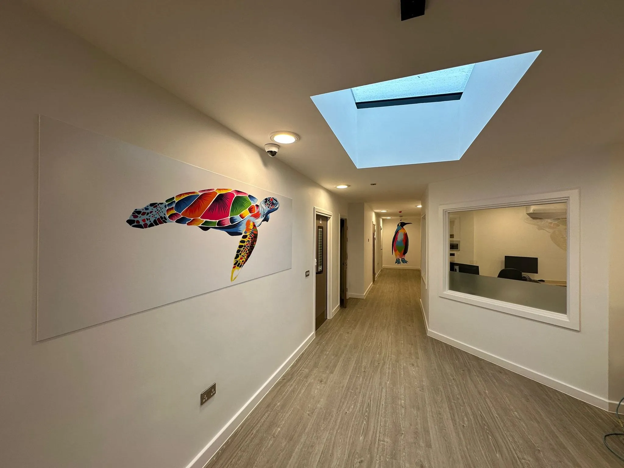 Light wood-effect safety vinyl along a corridor under a rooflight, beside a turtle mural, at Emerald Place Clinic