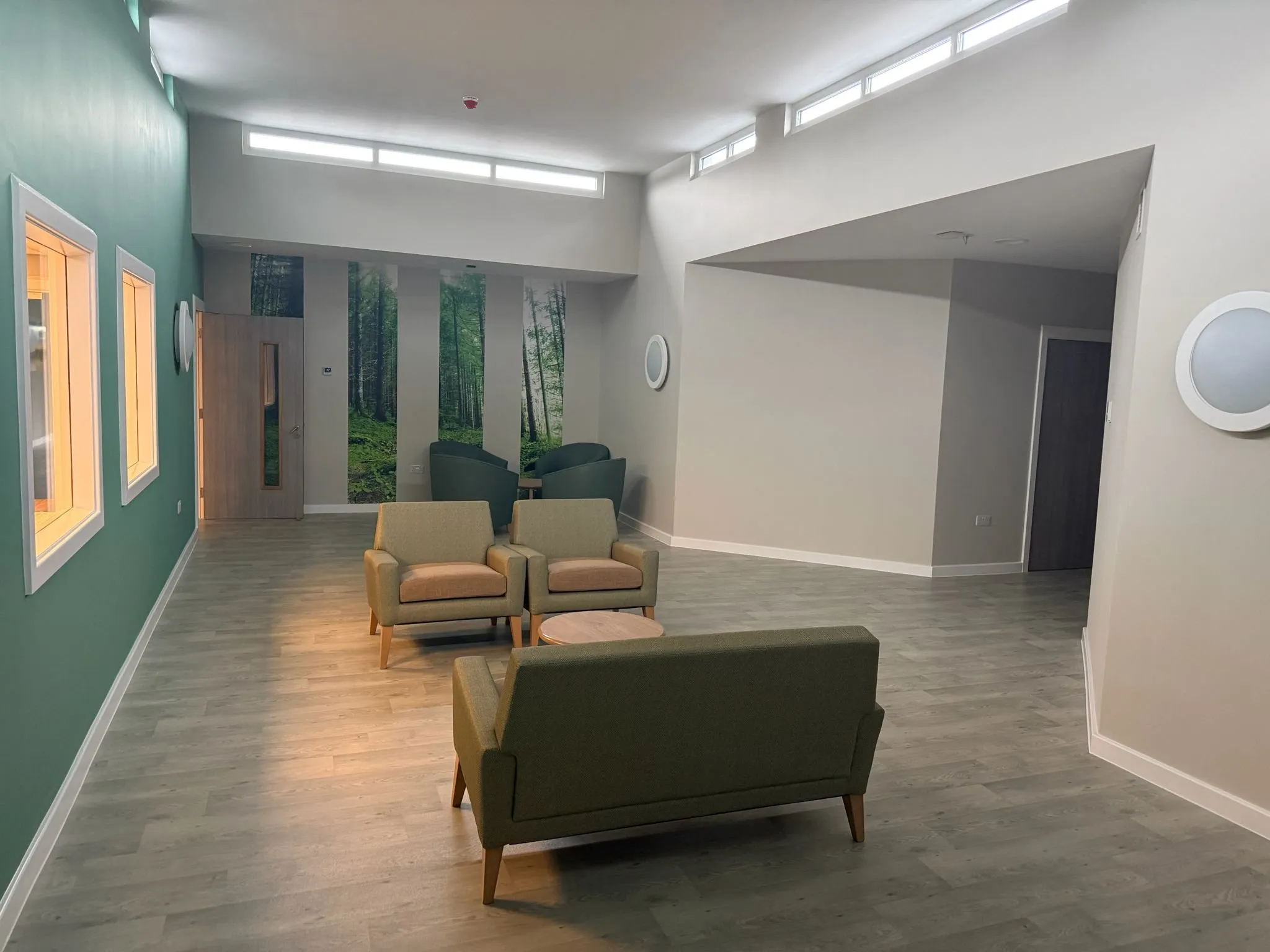 Polyflor Forest FX wood-effect sheet vinyl through the recreation room at The Avalon Centre, beside a forest mural